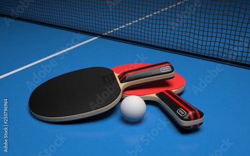 Table tennis set. Two rackets with ball on a blue game table. 3d rendering