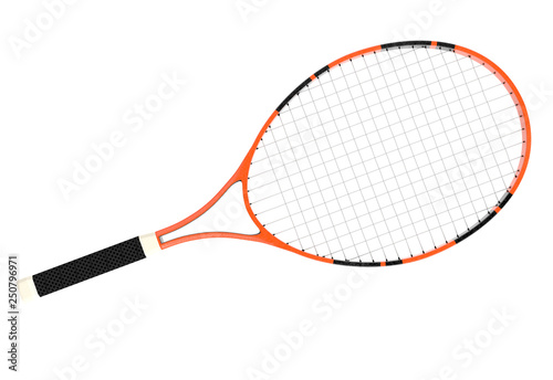 Orange tennis racket. 3d rendering illustration isolated © savanno