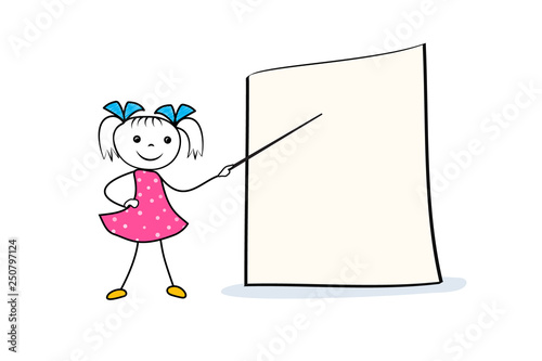 Doodle girl character with pointer in hand near empty presentation board. Cartoon template for conference, seminar or lecture. Vector illustration