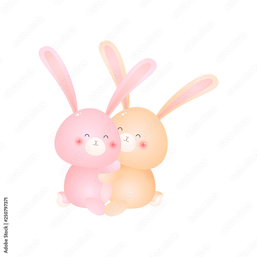Two cute sitting rabbits hug isolated on white background Two cute sitting rabbits hug isolated on white background