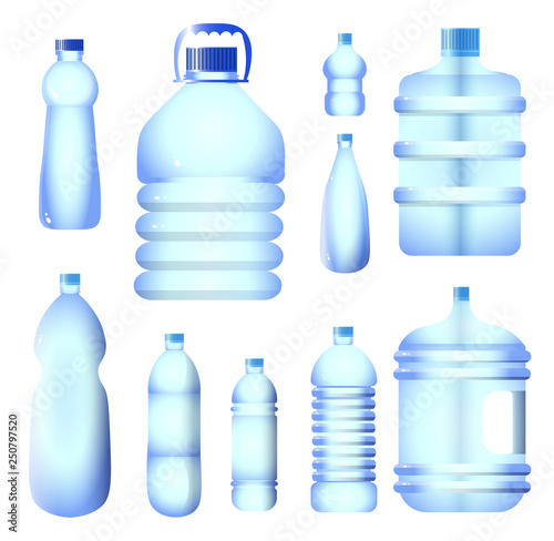 Set of water plastic bottle pack blue color isolated on white background