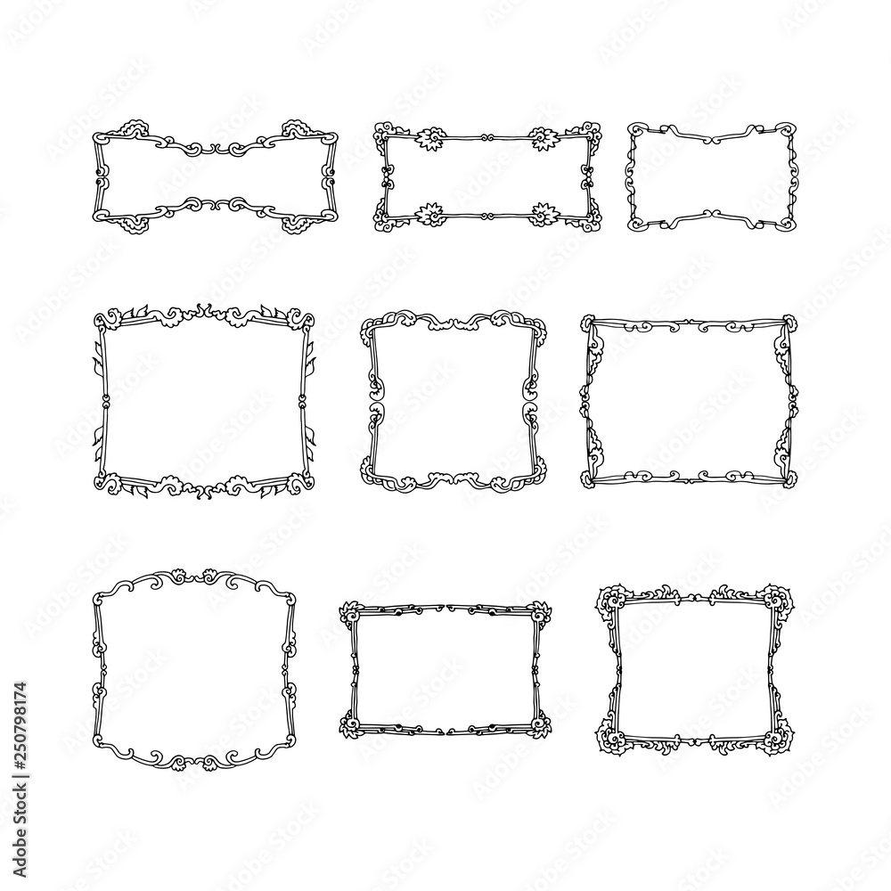 Vintage decorative hand-drawn frames set. black and white isolated vector illustration