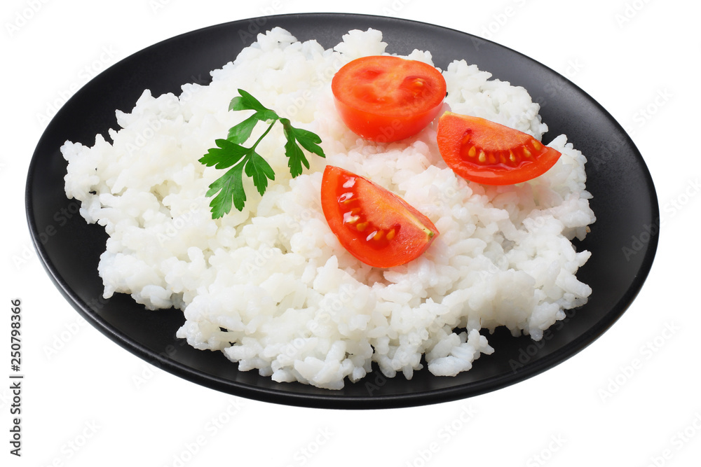 White rice with tomato in black bowl isolated on white background White rice with tomato in black bowl isolated on white background