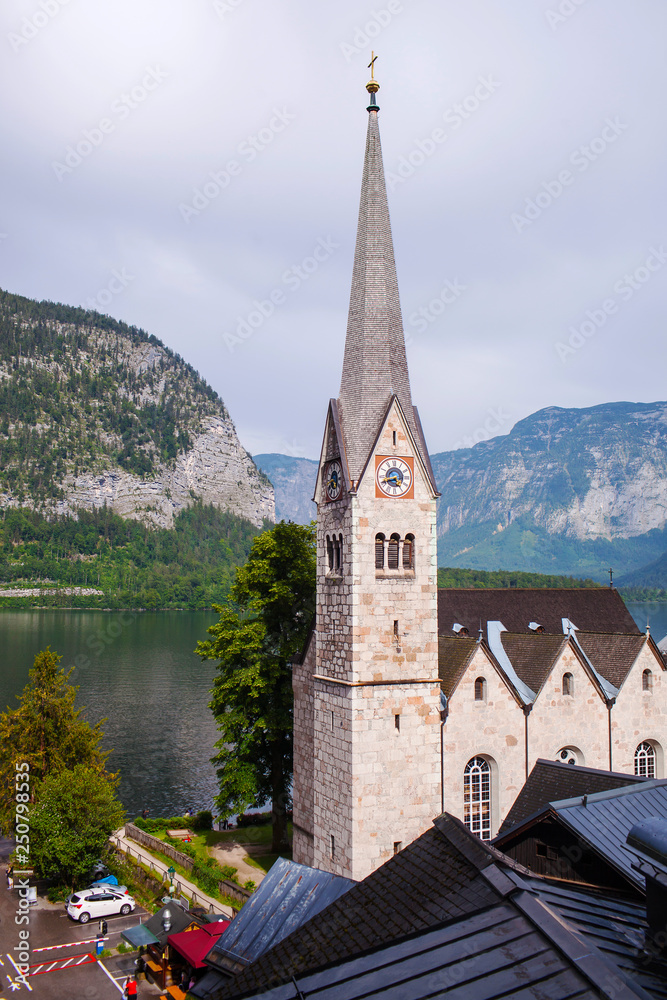 Old vintage wooden houses by the lake in Hallstatt, Austria