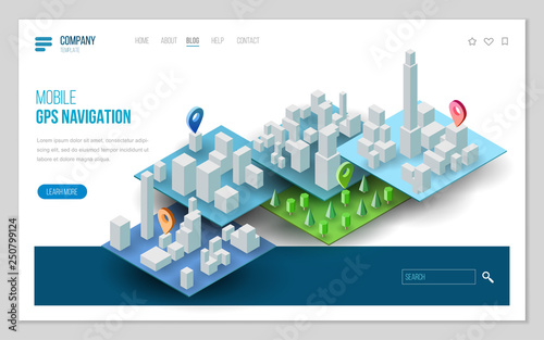 Design website or landing page template. Minimal modern concept for gps navigation, digital online map. Isometric vector illustration.