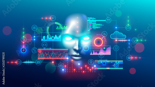 Artificial intelligence abstract concept banner. Digital mind analyzes data information. AI connection with neural network, solves business tasks. Cyber face looking at hud graphic interface.