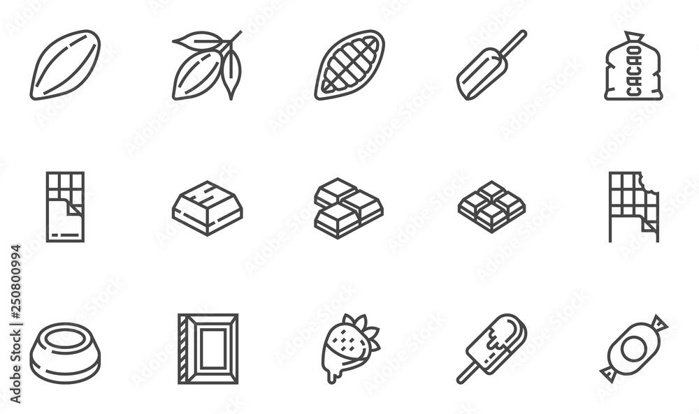 Cacao and Chocolate Vector Line Icons Set. Cocoa Pod, Cocoa Beans
