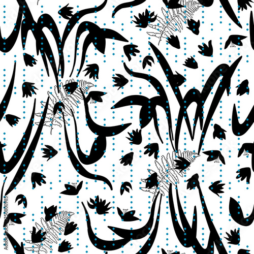 Vector floral seamless pattern with hand drawn scilla or snowdrop flowers and fern leaves. Modern decorative background in pastel colors.