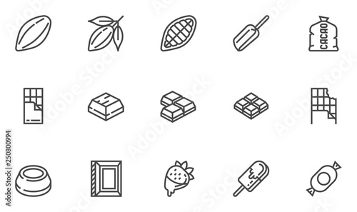 Cacao and Chocolate Vector Line Icons Set. Cocoa Pod, Cocoa Beans, Chocolate Bar, Chocolate Icing. Editable Stroke. 48x48 Pixel Perfect.