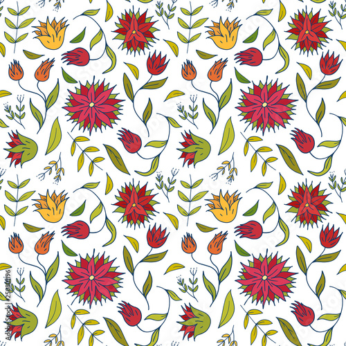 Seamless floral hand drawn pattern. Folk flowers background. Vector illustration.