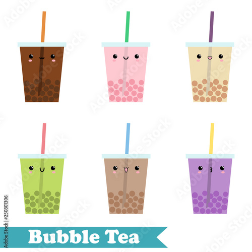 Set of vector flat bubble tea, Set of colorful bubble tea with fruit bubble. Kawaii set vector bubble tea