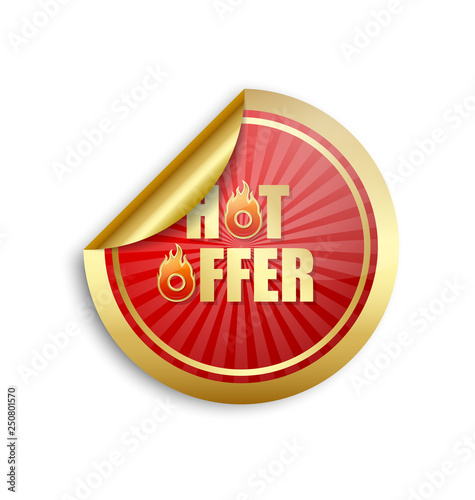 Golden sticker with HOT OFFER lettering on white background