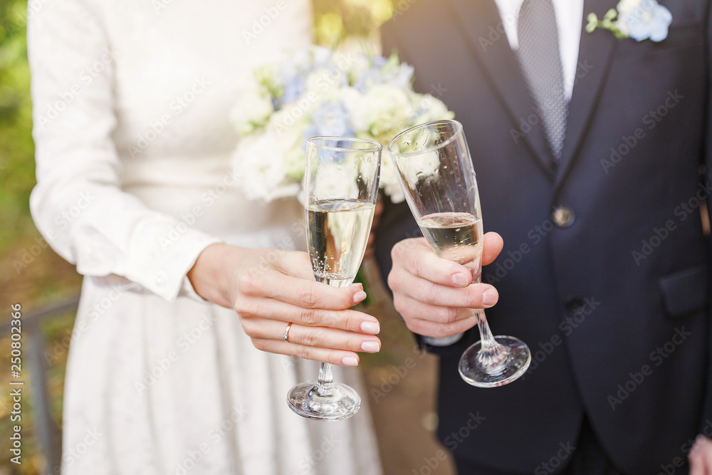 Groom and bride Toast and clinking glasses at the wedding party Groom and bride Toast and clinking glasses at the wedding party