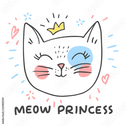 Hand drawn cute cat girl face with with pink cheeks and shiny crown. Meow princess lettering text. Vector illustration design for fashion prints, posters and greeting cards.