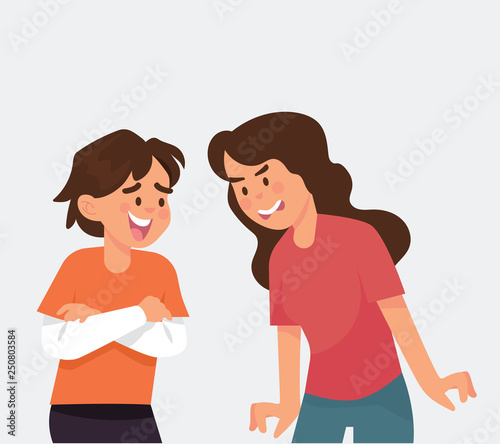 vector illustration boy and girl fighting to each other, brother and sister having quarrel, relationship between brother and sister