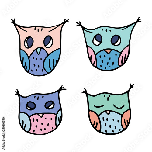 Cute Hand Drawn Owls Vector Set.