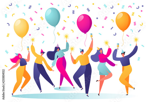 Group of happy, joyful people celebrating holiday, event. Man and woman characters in holiday cap dancing, having fun and having toast with confetti and balloons on the background.People on the party