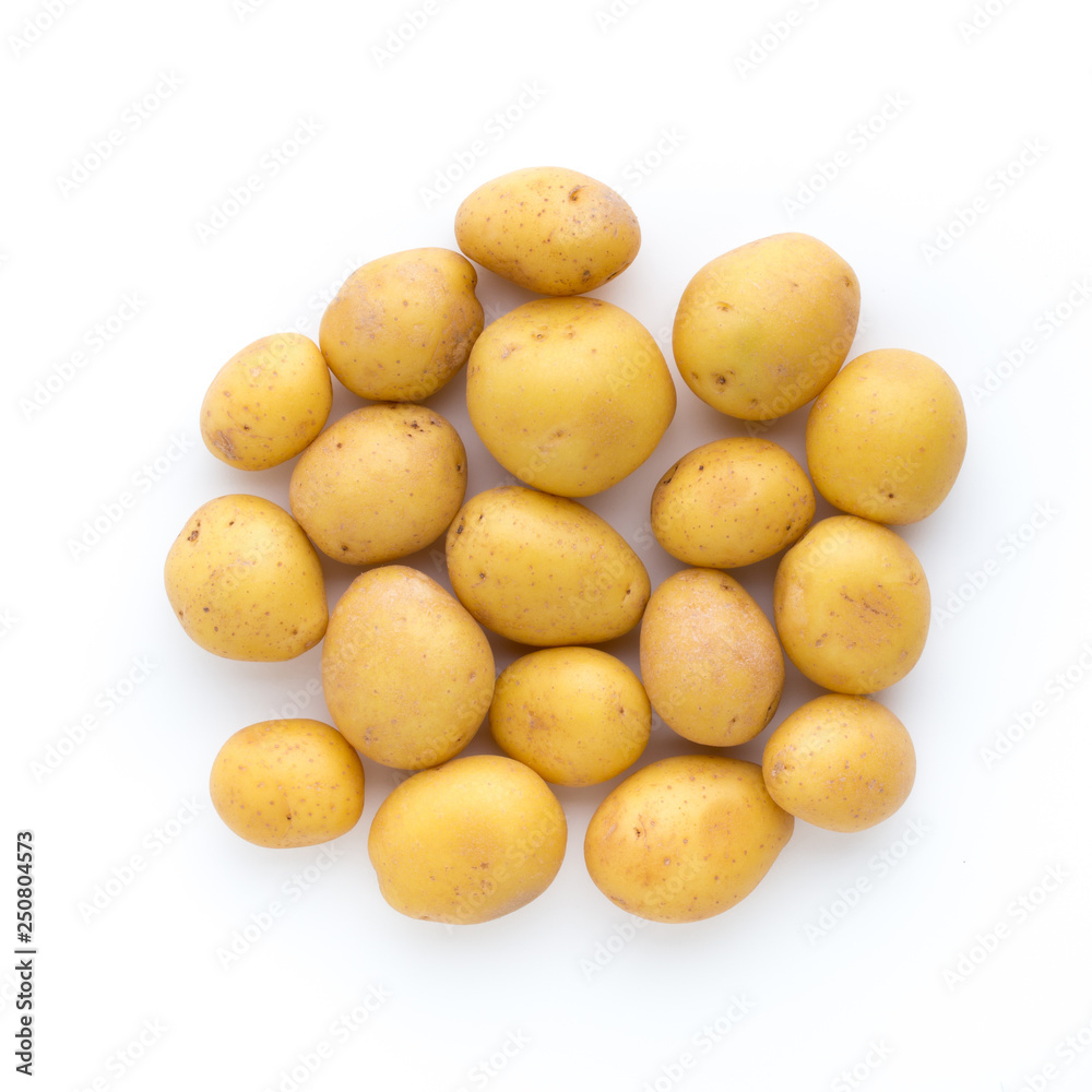 Young potato isolated on white background. Harvest new. Flat lay, top view Young potato isolated on white background. Harvest new. Flat lay, top view