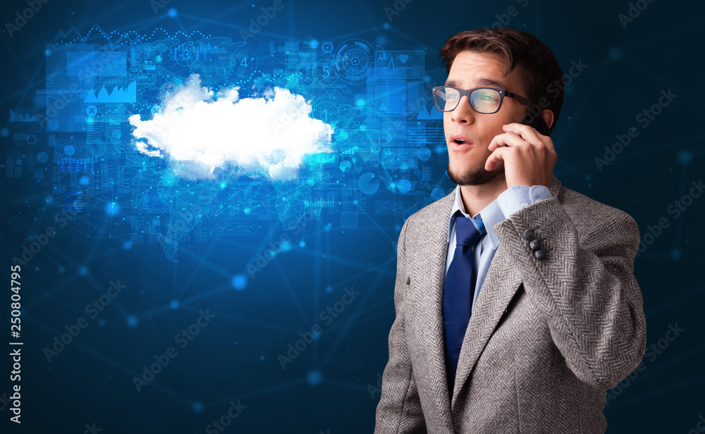 Person talking on the phone with blue cloud technology concept
Person talking on the phone with blue cloud technology concept