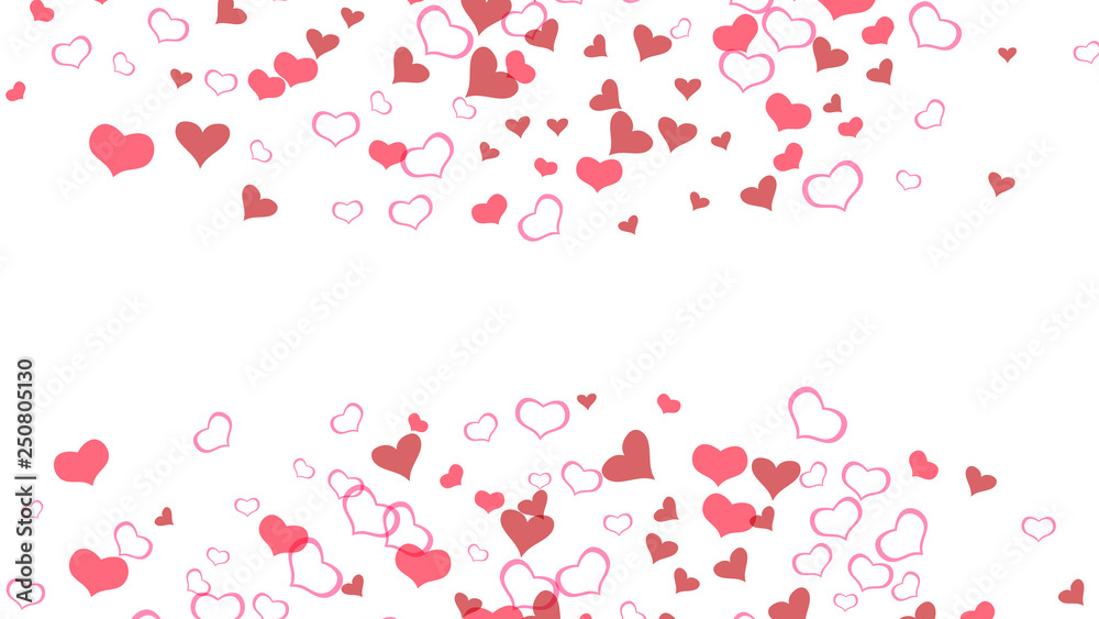 Part of the design of wallpaper, textiles, packaging, printing, holiday invitation for Valentine's Day. Happy background. Red on White background Vector. Red hearts of confetti are flying.