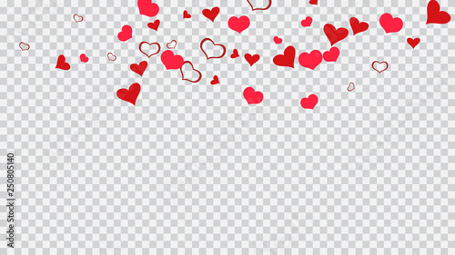 Design element for wallpaper, textiles, packaging, printing, holiday invitation for wedding. Red on Transparent fond Vector. Red hearts of confetti crumbled. Spring background.