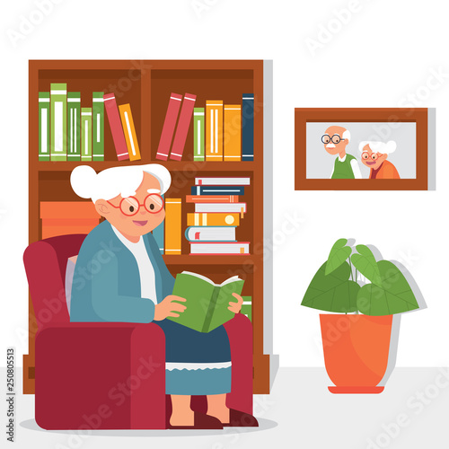 vector illustration old woman sitting on a sofa and read a book. Grandmother sitting on sofa read a book with book case behind. grandma read a book in a cozy sofa / home