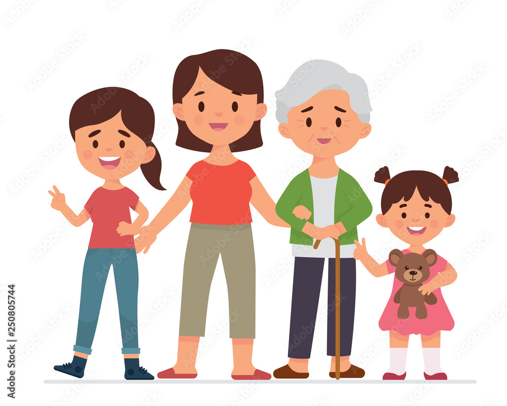 vector illustration family together, mother, grandmother, teenager, kid. four women generation in family