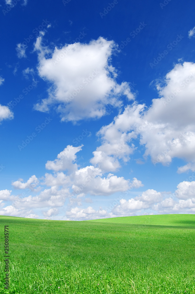 Idyllic view, green hills and blue sky with white clouds