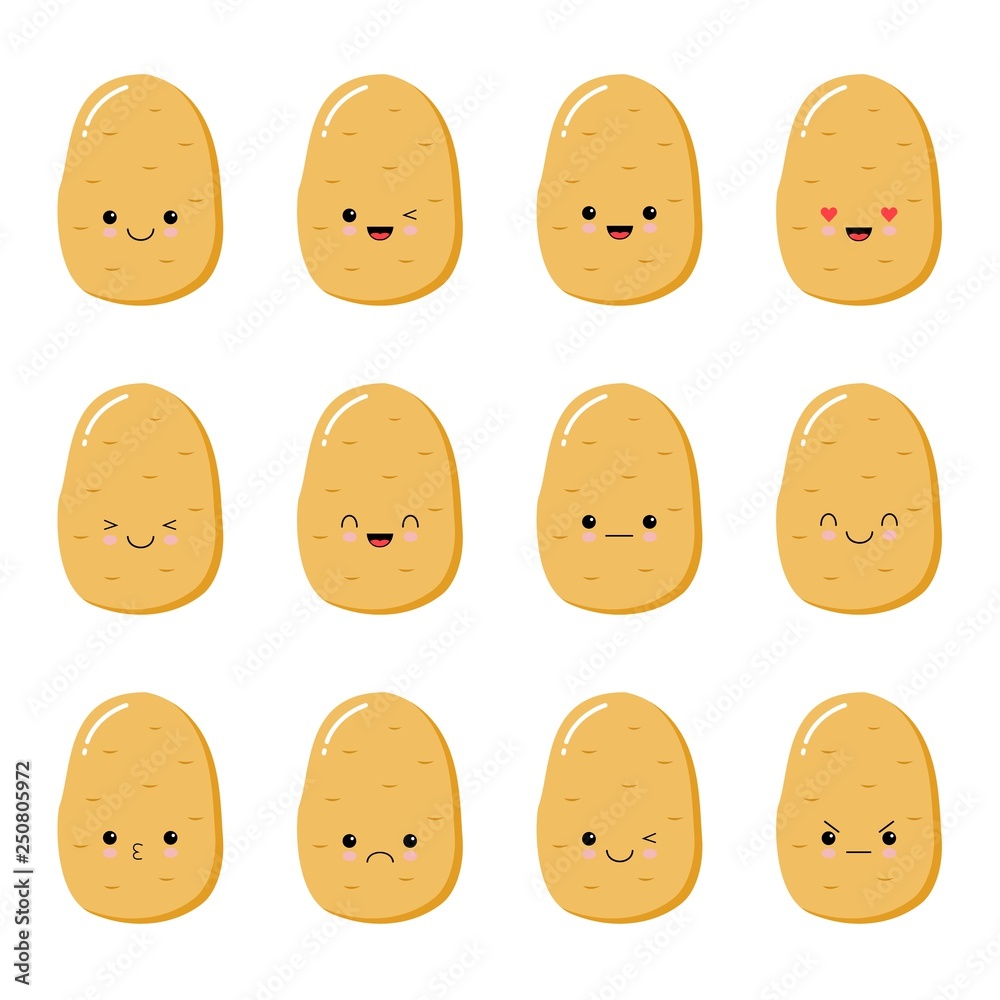 set with cartoon potatoes isolated on white, background with cute vegetable characters set with cartoon potatoes isolated on white, background with cute vegetable characters