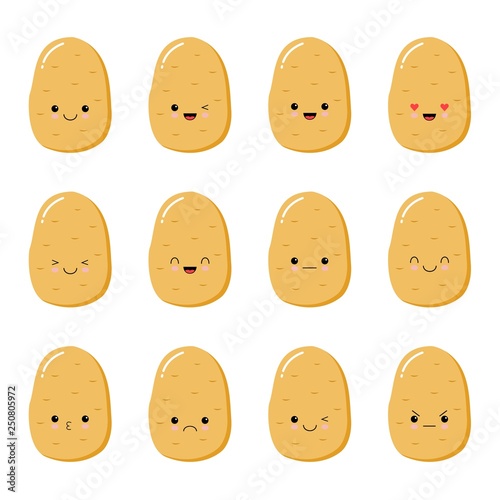 set with cartoon potatoes isolated on white, background with cute vegetable characters