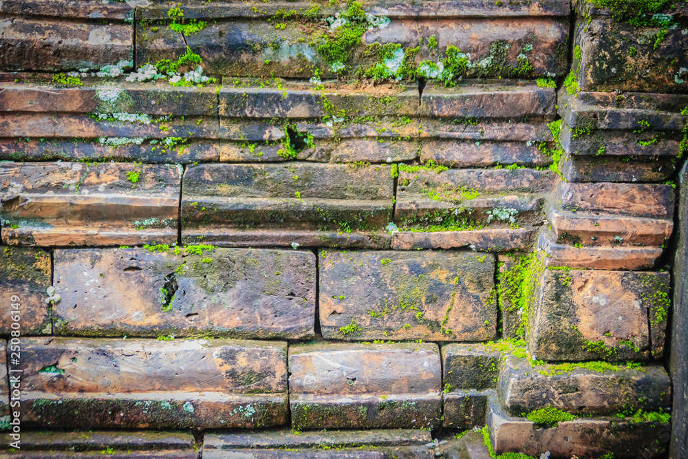 Laterite stone wall with grass and moss growth forming beautiful textured on the surface for background. Old laterite bricks texture with green grass and fresh moss. Laterite stone wall with grass and moss growth forming beautiful textured on the surface for background. Old laterite bricks texture with green grass and fresh moss.