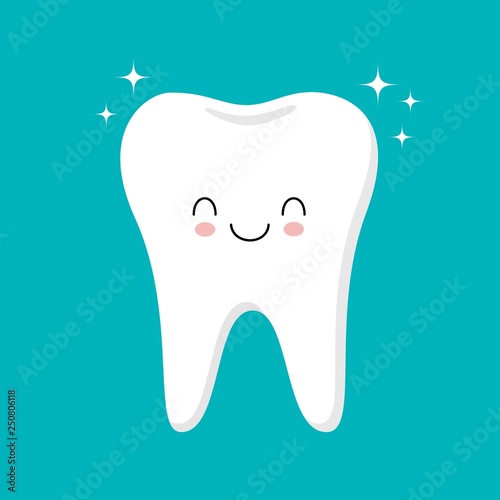 Cute healthy shiny cartoon tooth character, childrens dentistry concept vector Illustration