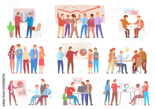 Meeting of business people vector, presentation on whiteboard with infographics. Discussion and partnership, men and women talking about data info