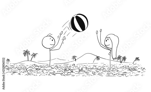 Cartoon stick figure drawing conceptual illustration of man and woman playing in summer with Inflatable ball in water polluted by plastic waste.