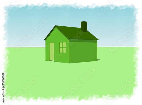 3D Illustrattion. Green house with blue sky