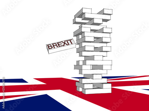 3D Illustration. Toy wooden brexit with union jack flag