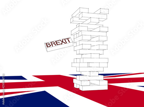 3D Illustration. Toy wooden brexit with union jack flag