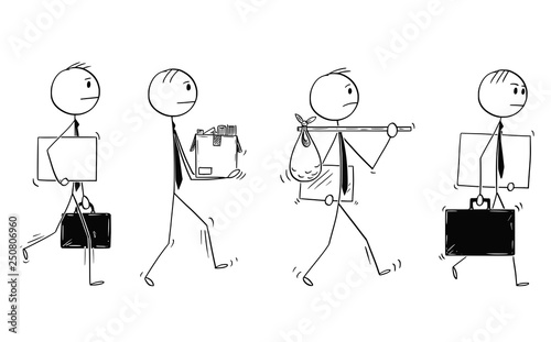Cartoon stick figure drawing conceptual illustration of group of men or businessmen leaving or moving with office equipment in hands.