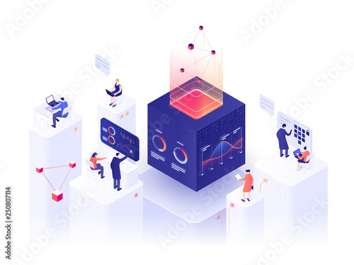 People interacting with charts and analyzing statistics. Data visualization concept. 3d isometric vector illustration.