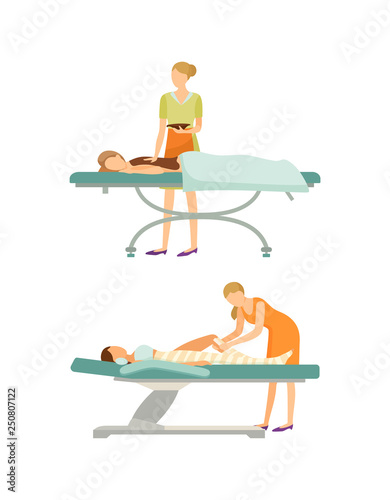 Spa salon body massage with chocolate, isolated icons set vector. Wrap of legs, women lying on special table and relaxing. Procedures done by experts