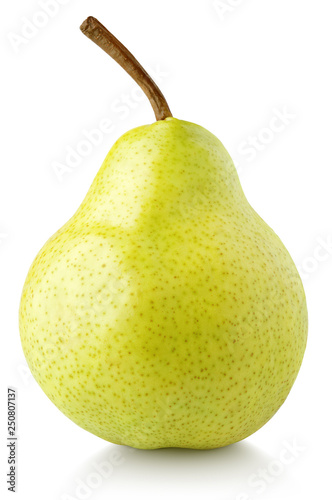 Green yellow pear fruit isolated on white background with clipping path. Full depth of field.