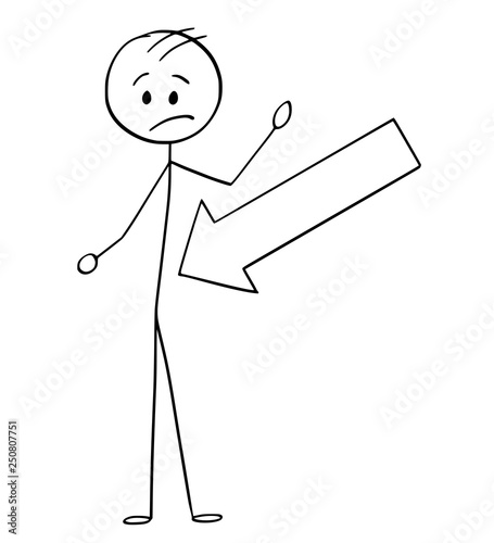 Cartoon stick figure drawing conceptual illustration of big arrow pointing at abdomen or belly of man, marking some problem.