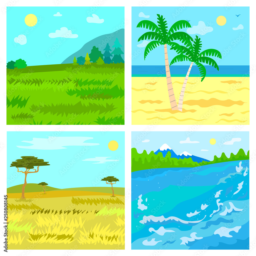 Landscapes, savannah and river, steppe and beach, traveling vector. Meadow and sea shore, African desert and forest with mountains, wild nature views