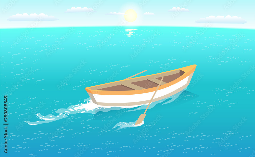 Fishing boat with oars leaves trace in sea or ocean, marine traveling vessel. Fisher ship sailing in deep blue waters at skyline, sun and sky vector