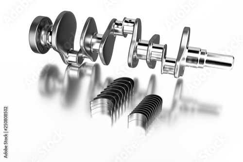 3D rendering. Crankshaft for 6v cylinders engine. Truck crankshaft on white background. Engine bearing crankshaft. photo