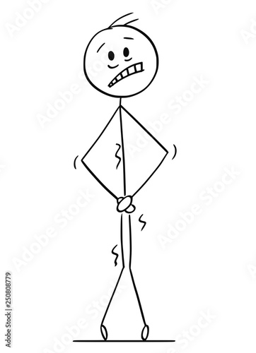 Cartoon stick figure drawing conceptual illustration of man suffering pain with hands on his crotch or crutch or groin, marking some illness or need to pee or urinate .