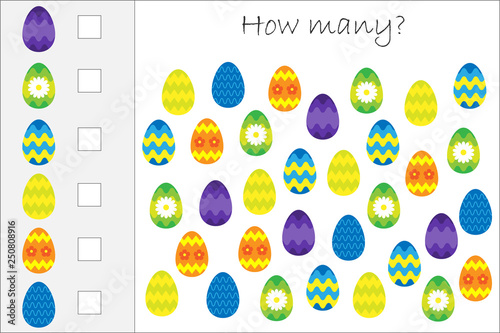 How many counting game with decoration easter eggs for kids, educational maths task for the development of logical thinking, preschool worksheet activity, count and write result, vector illustration