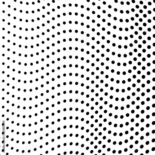 Black dots on a white background. Textured waving lines. Monochrome horizontal op art pattern. Vector waves. Abstract halftone digital graphic  deform spotted curves. Tech concept. EPS10 illustration