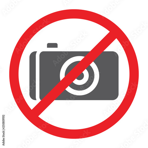 No photo glyph icon, prohibited and ban, no camera sign, vector graphics, a solid pattern on a white background.