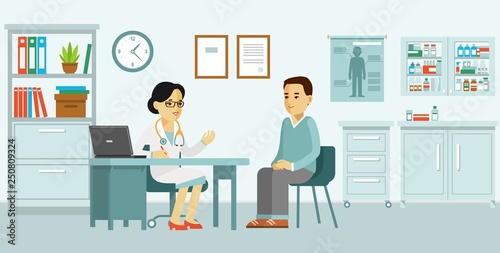 Medicine concept with doctor and patient in flat style. Practitioner doctor woman and young man patient in hospital medical office. Consultation and diagnosis.